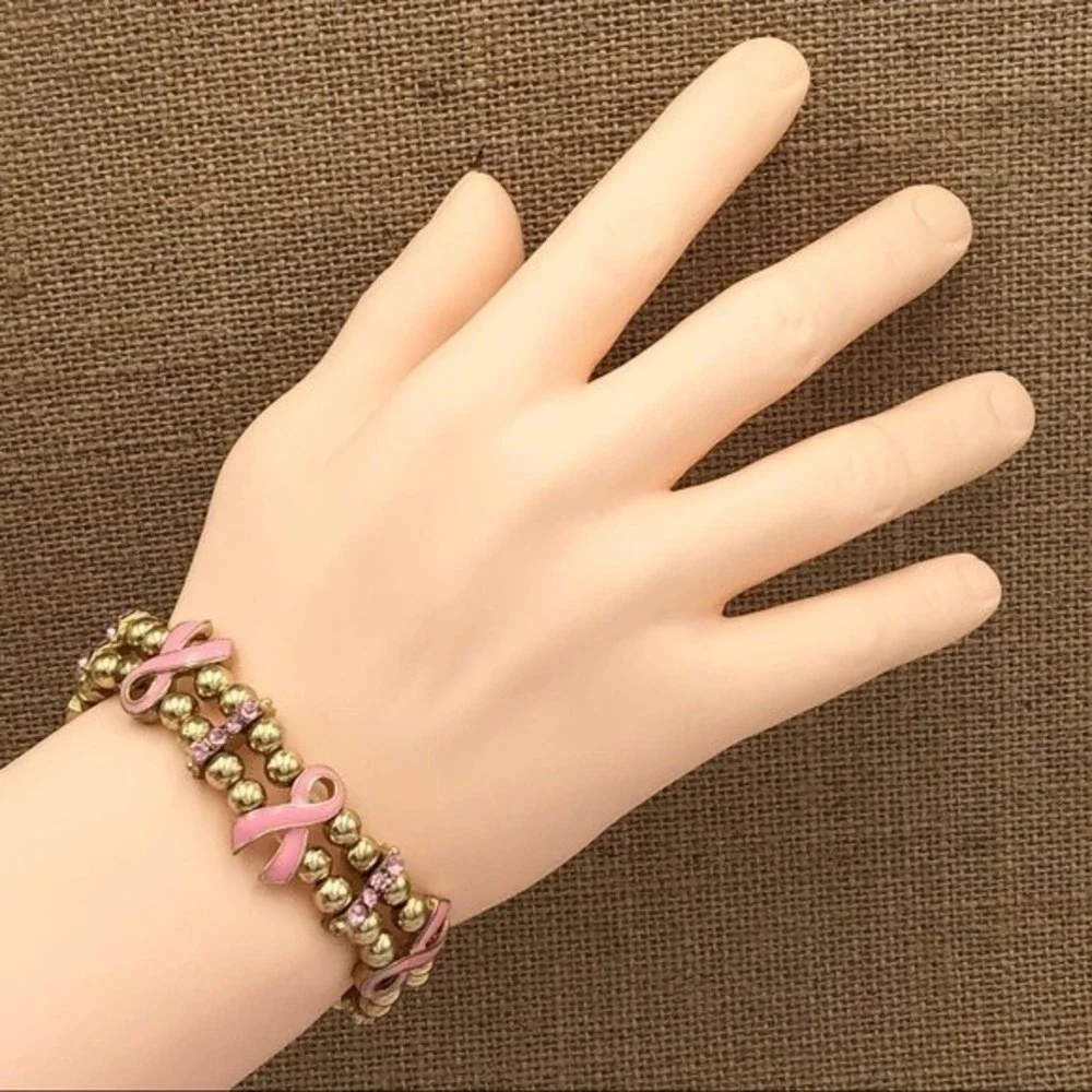 🌼 Pink Ribbon Gold 2 Row Stretch Bracelet